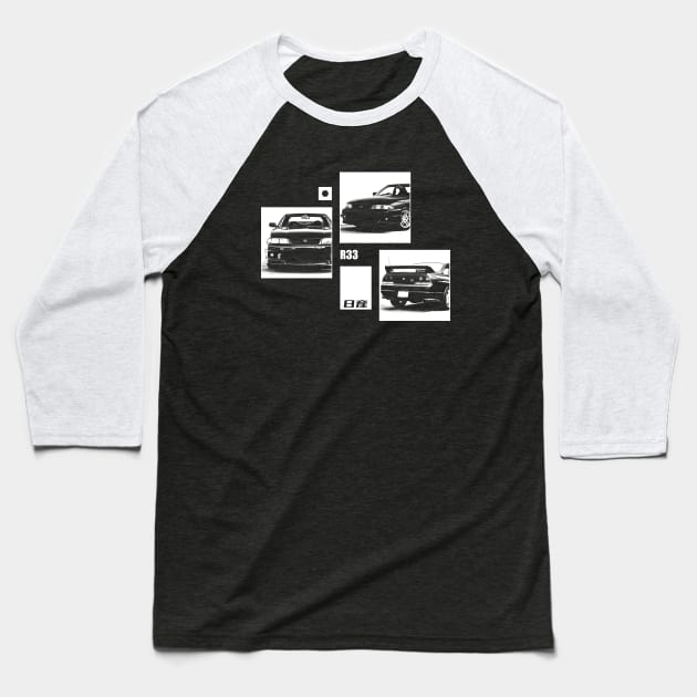 NISSAN SKYLINE GT-R R33 Black 'N White Archive (Black Version) Baseball T-Shirt by Cero